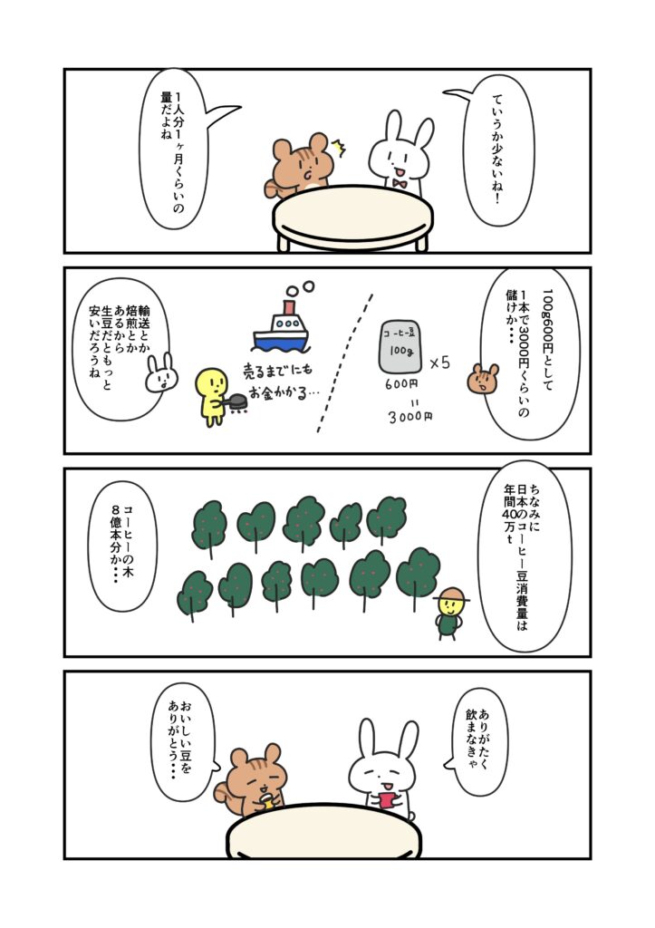 「ていうか少ないね」「1人分1か月くらいの量だよね」「100g600円として1本3000円くらいか」「輸送とか焙煎とかあるから生豆だともっと安いだろうね」「ちなみに日本のコーヒー豆の消費量は年間40万t」「コーヒーノキ8億本分か・・・」